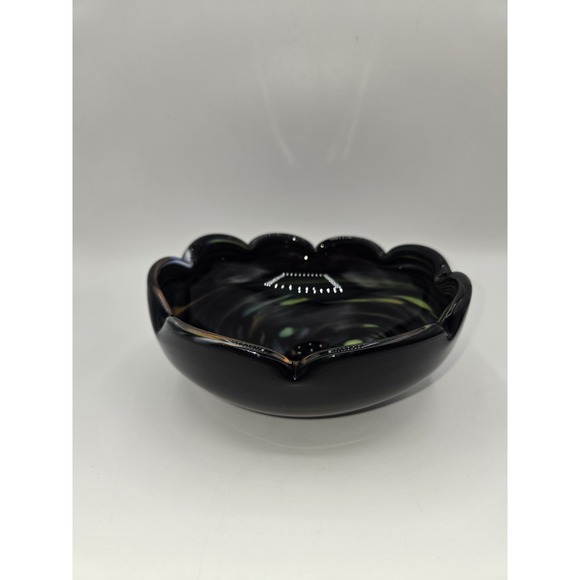 Murano Art Glass Bowl Black Swirl Aventurine Confetti Scalloped Rim 6" - Picture 6 of 8